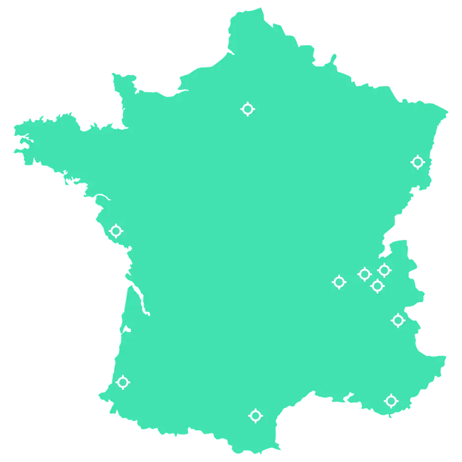 Carte de France avec marqueurs indiquant les zones d'intervention d'Ecograv - chantiers de concassage et recyclage BTP partout en France