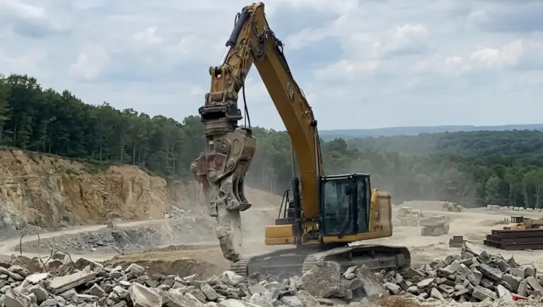 Pelle mécanique MP20 en action sur chantier de démolition et concassage − Ecograv